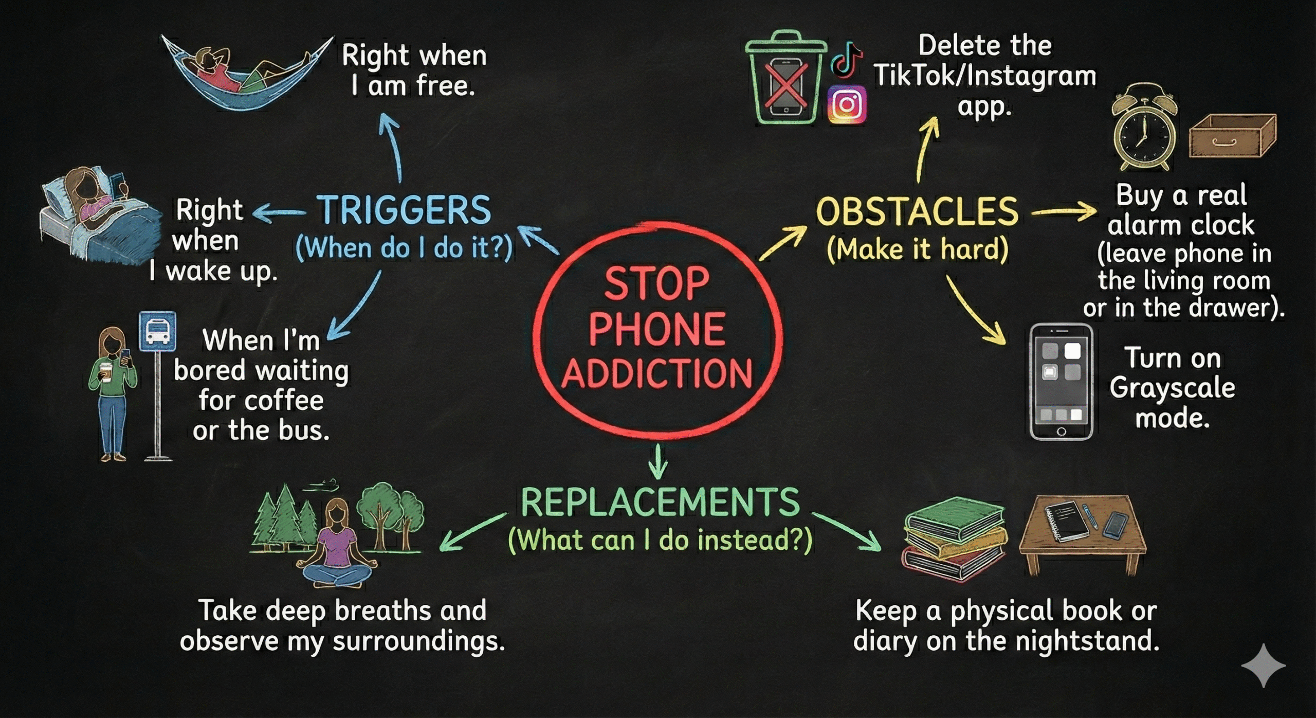 This is a picture of mind mapping example to get rid of phone addiction.