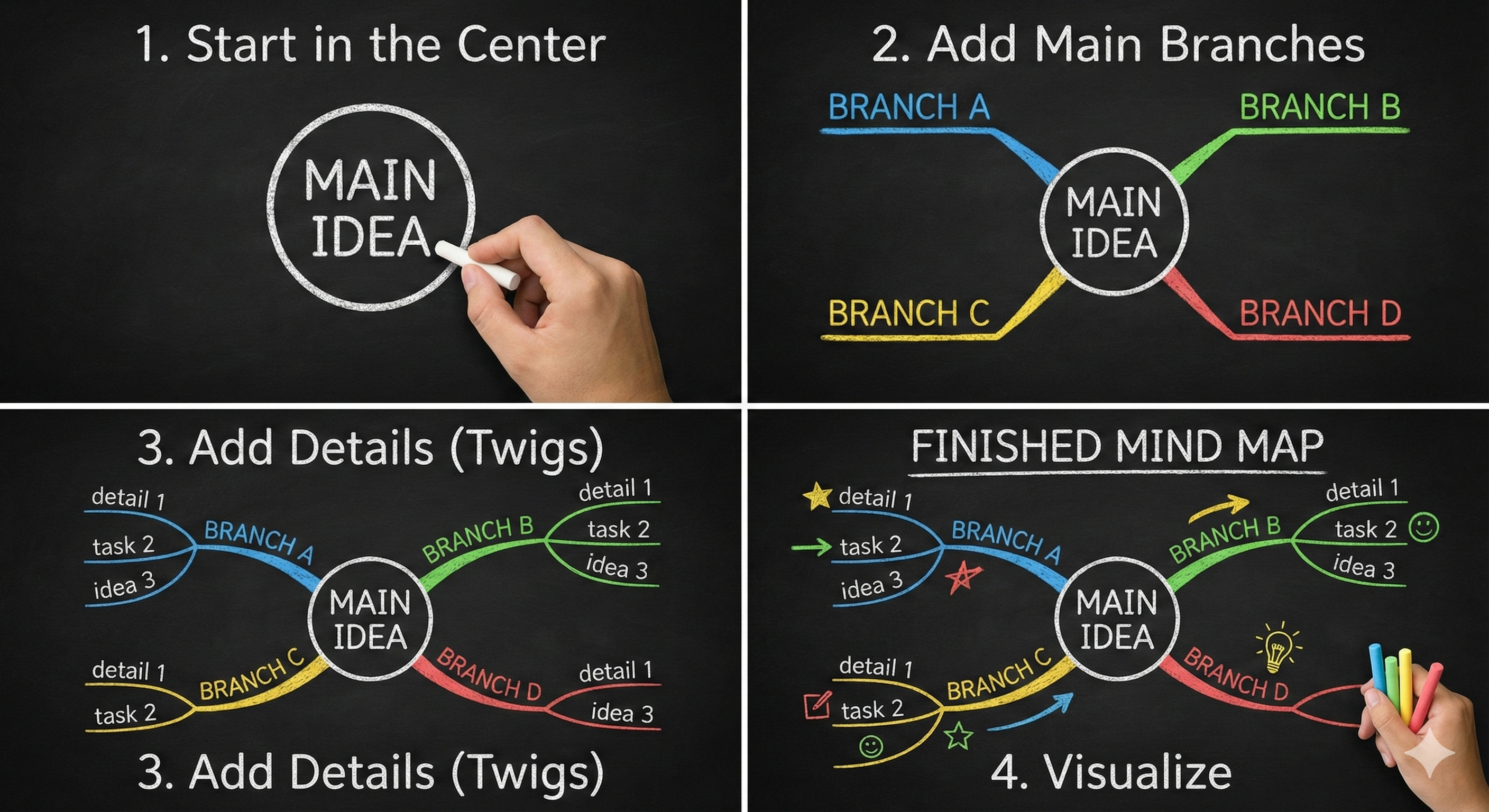 The image contains draws step to begin with mind mapping. 