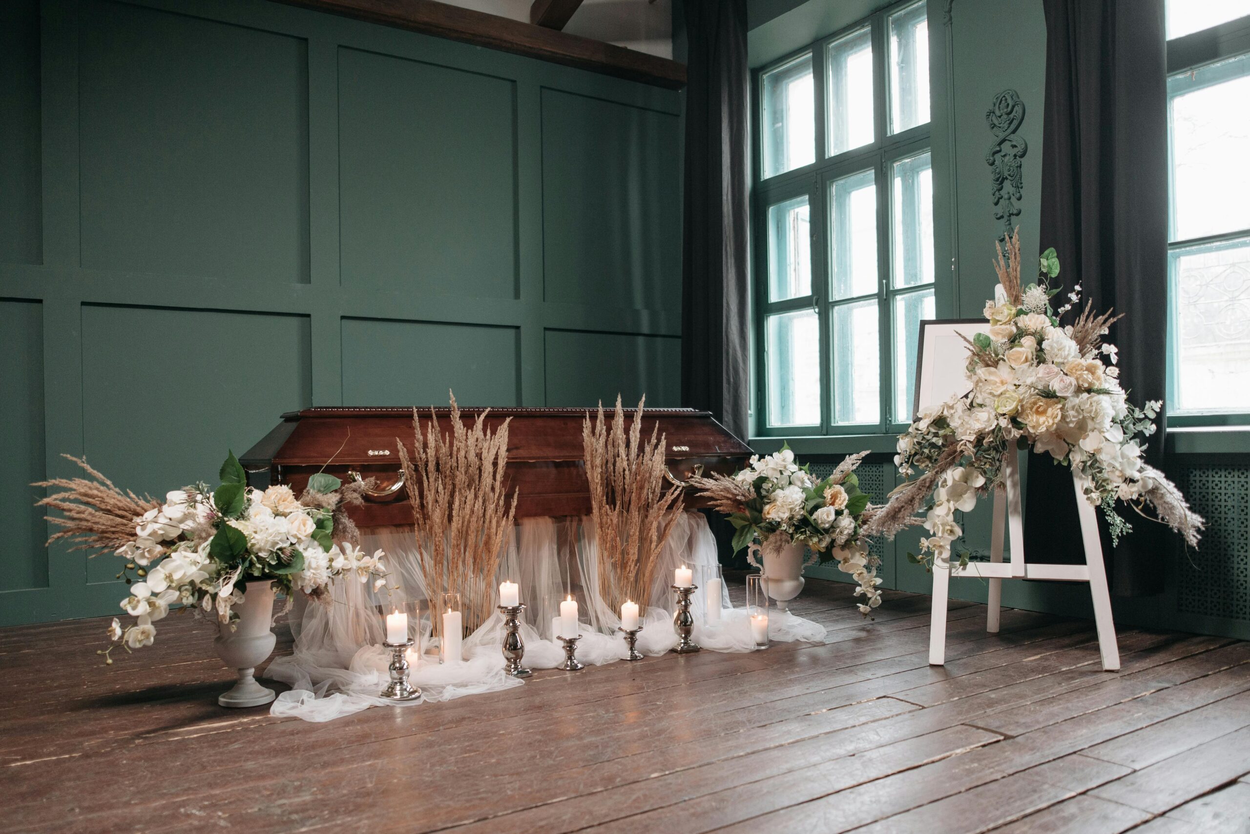 Flowers on the Floor and Coffin showing the theme of death in Peter Handke A Sorrow Beyond Dreams quotes.