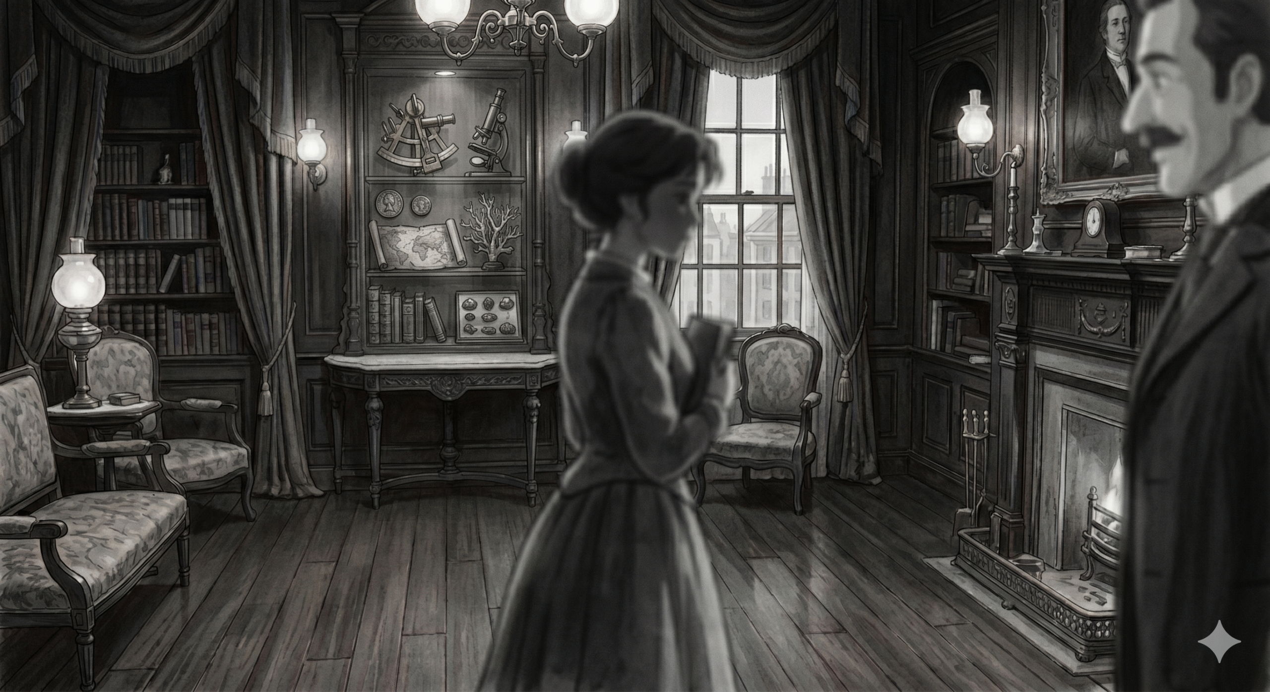 It is a picture of Belle being confronted by Inspector in Patrick Hamilton Gas Light.