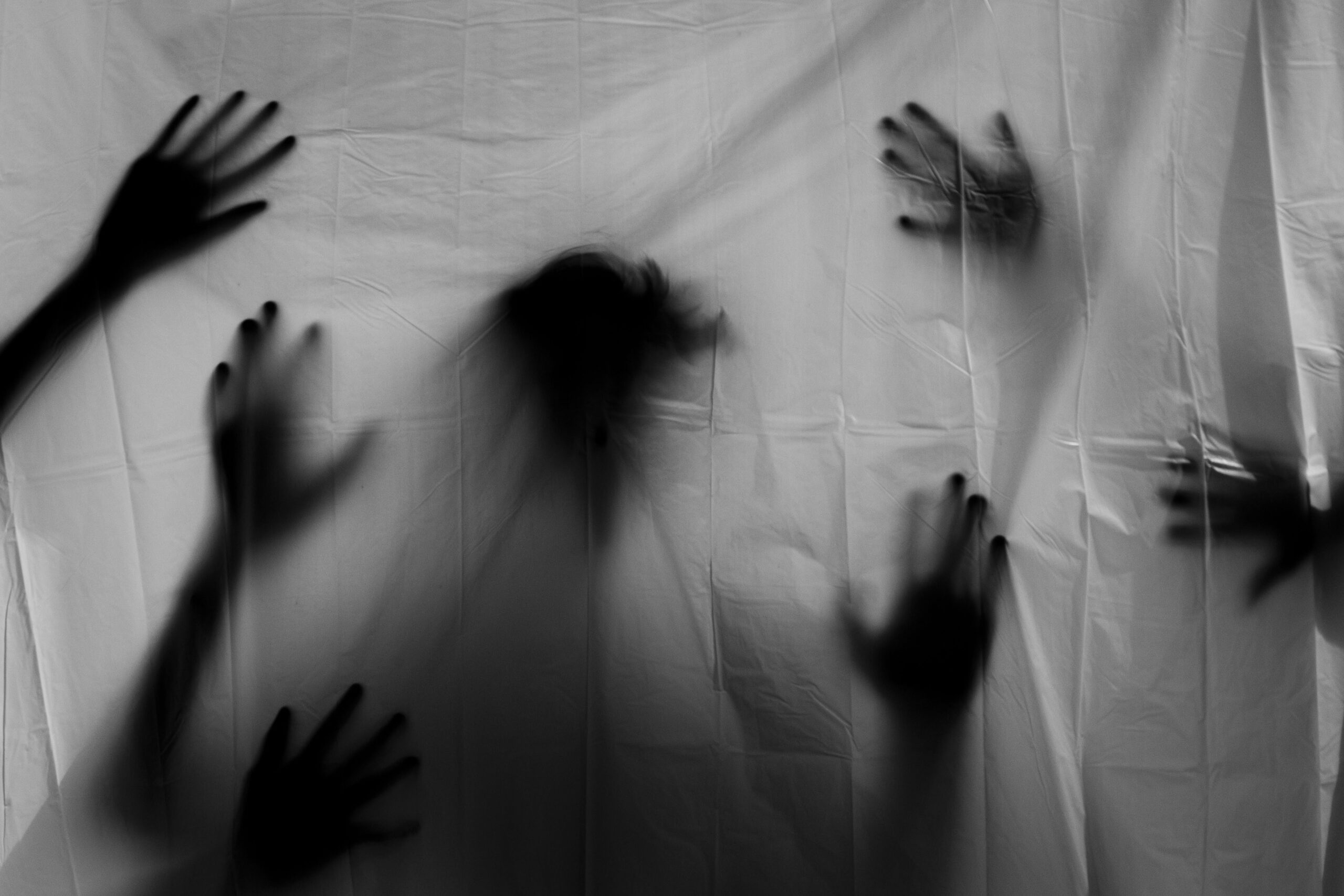 There are several shadows of hands on the white sheets show the theme of horror in Peter Handke A Sorrow Beyond Dreams quotes.